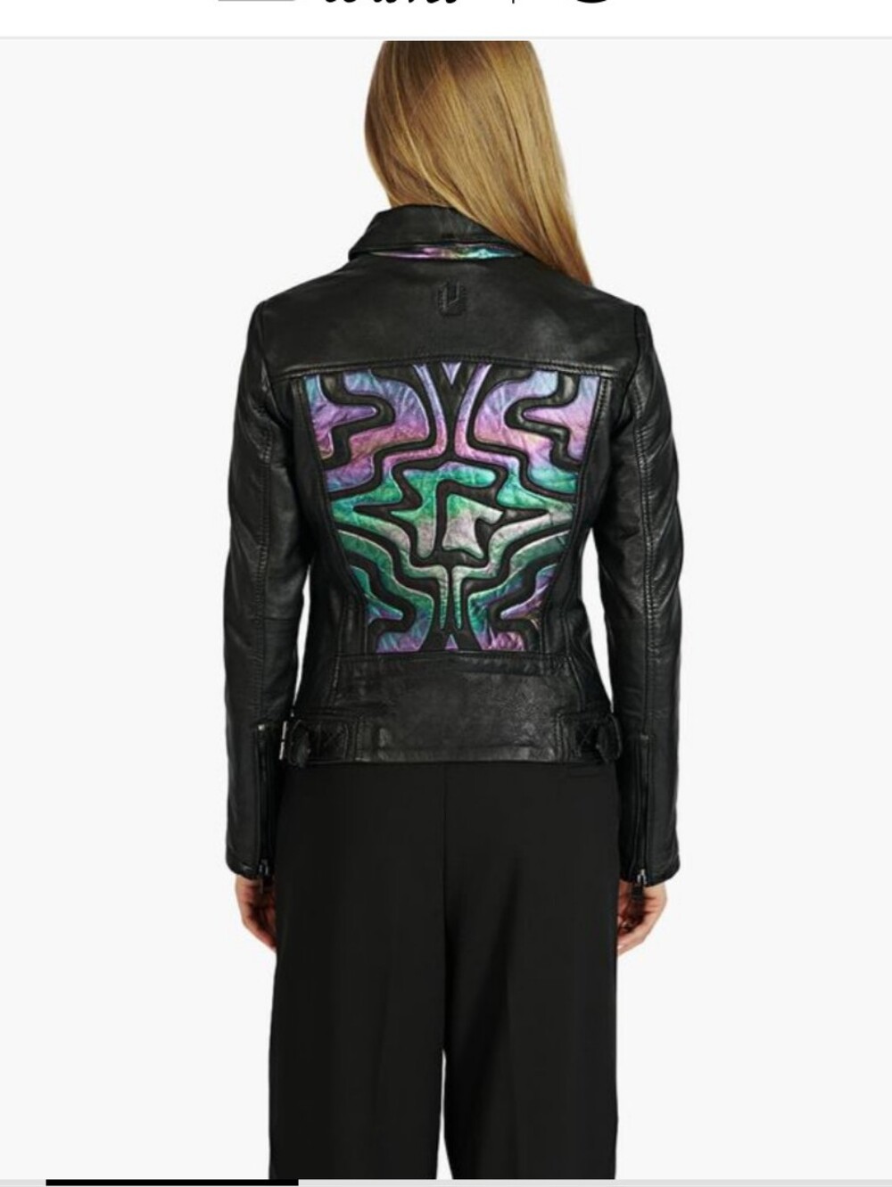 Womens Black Leather Jacket with Iridescent Embroidered Back Panel